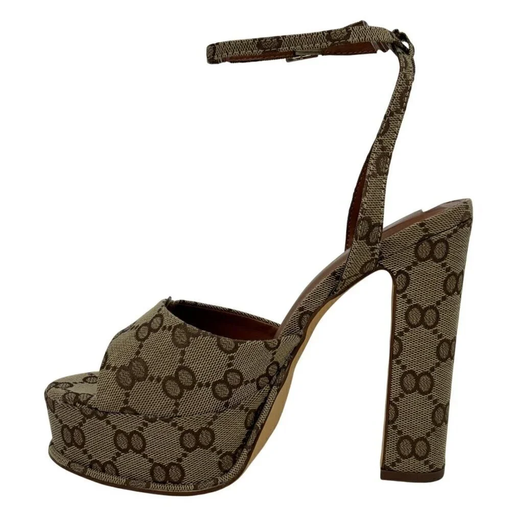 LILIANA  / Josy-6 / Beige Monogram / Platform / Heels With Adjustable Ankle